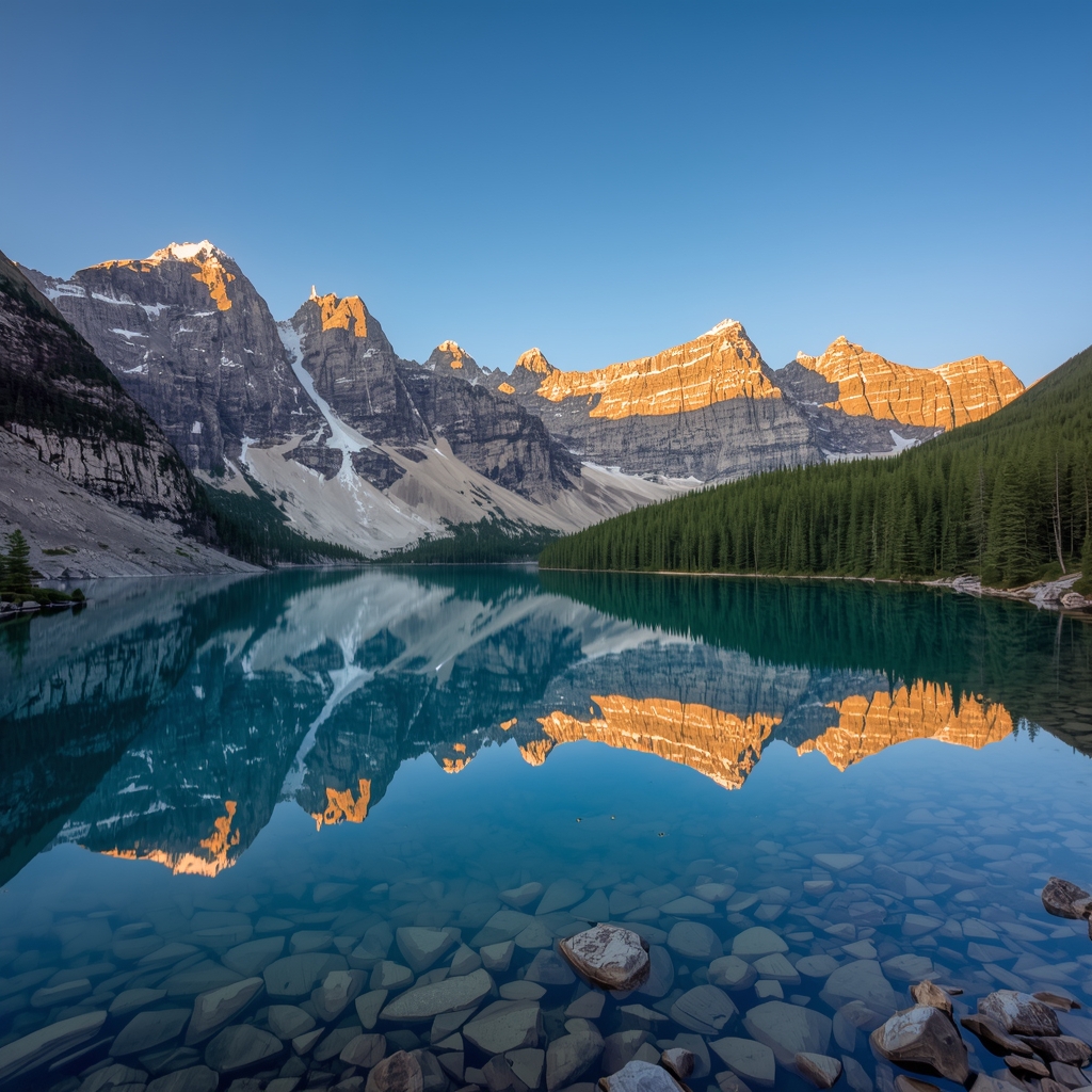 breathtaking mountain landscape with a clear lake reflection at sunrise, high resolution, travel photography, style of national geographic, nano banana